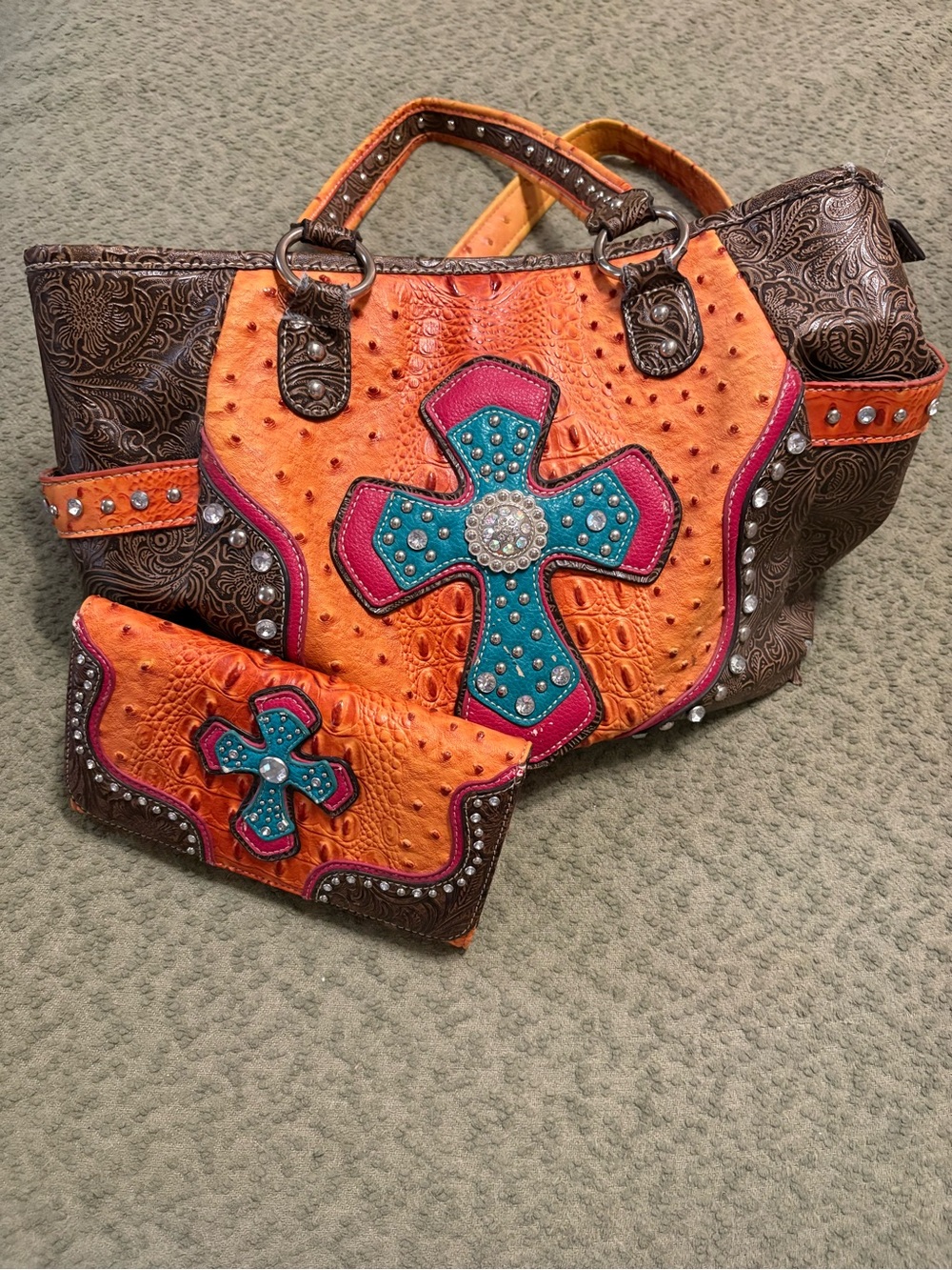 Blazin Roxx western Orange Tote Rhinestone Y2K Cross Accent and Matching Wallet